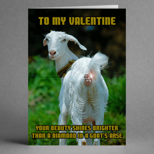 The Goats Arse Rude Valentine's Card from Twisted Gifts showcases a goat facing backward and includes the playful text: "TO MY VALENTINE - YOUR BEAUTY SHINES BRIGHTER THAN A DIAMOND IN A GOAT'S ARSE." It's ideal for injecting some cheeky humor into Valentine's Day.