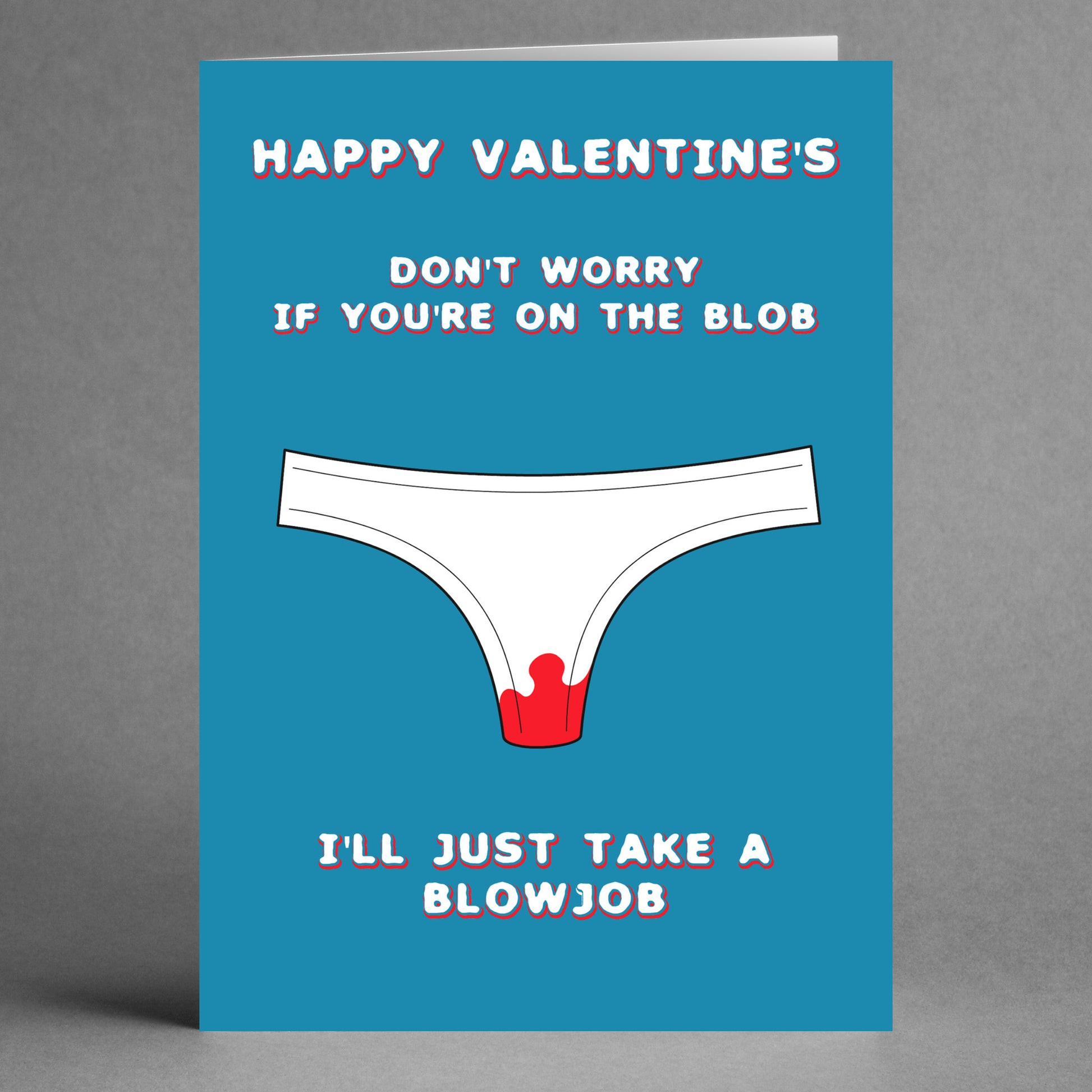 The Blob Rude Valentine's Card from Twisted Gifts offers a cheeky sense of humor, showcasing an illustration of stained underwear alongside text about unconventional romantic activities. This playful greeting card is ideal for those who enjoy a fun, lighthearted take on love.