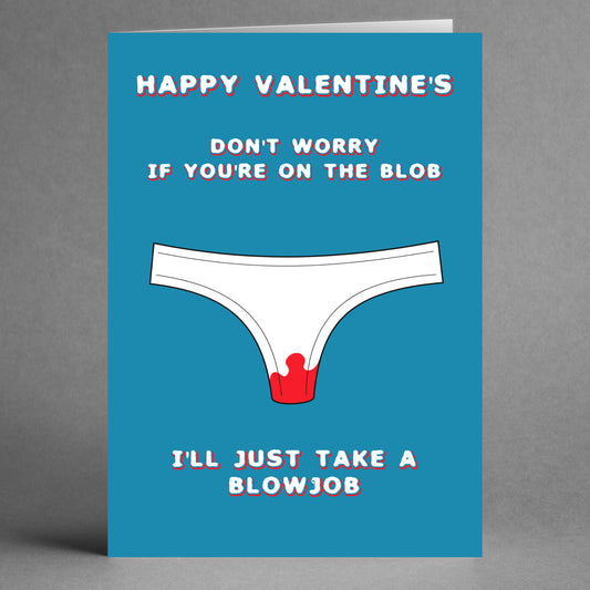 The Blob Rude Valentine's Card from Twisted Gifts offers a cheeky sense of humor, showcasing an illustration of stained underwear alongside text about unconventional romantic activities. This playful greeting card is ideal for those who enjoy a fun, lighthearted take on love.