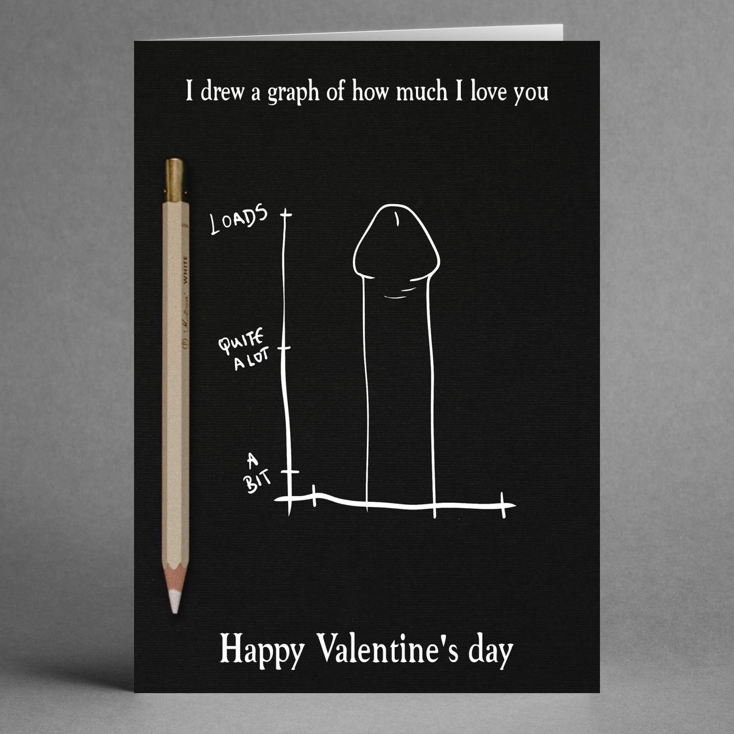 This Love Graph Rude Valentine's Card by Twisted Gifts features a humorous graph resembling male genitalia, cheekily labeled "Love Graph: How Much I Love You," and comes with a pencil attached for a playful couple.