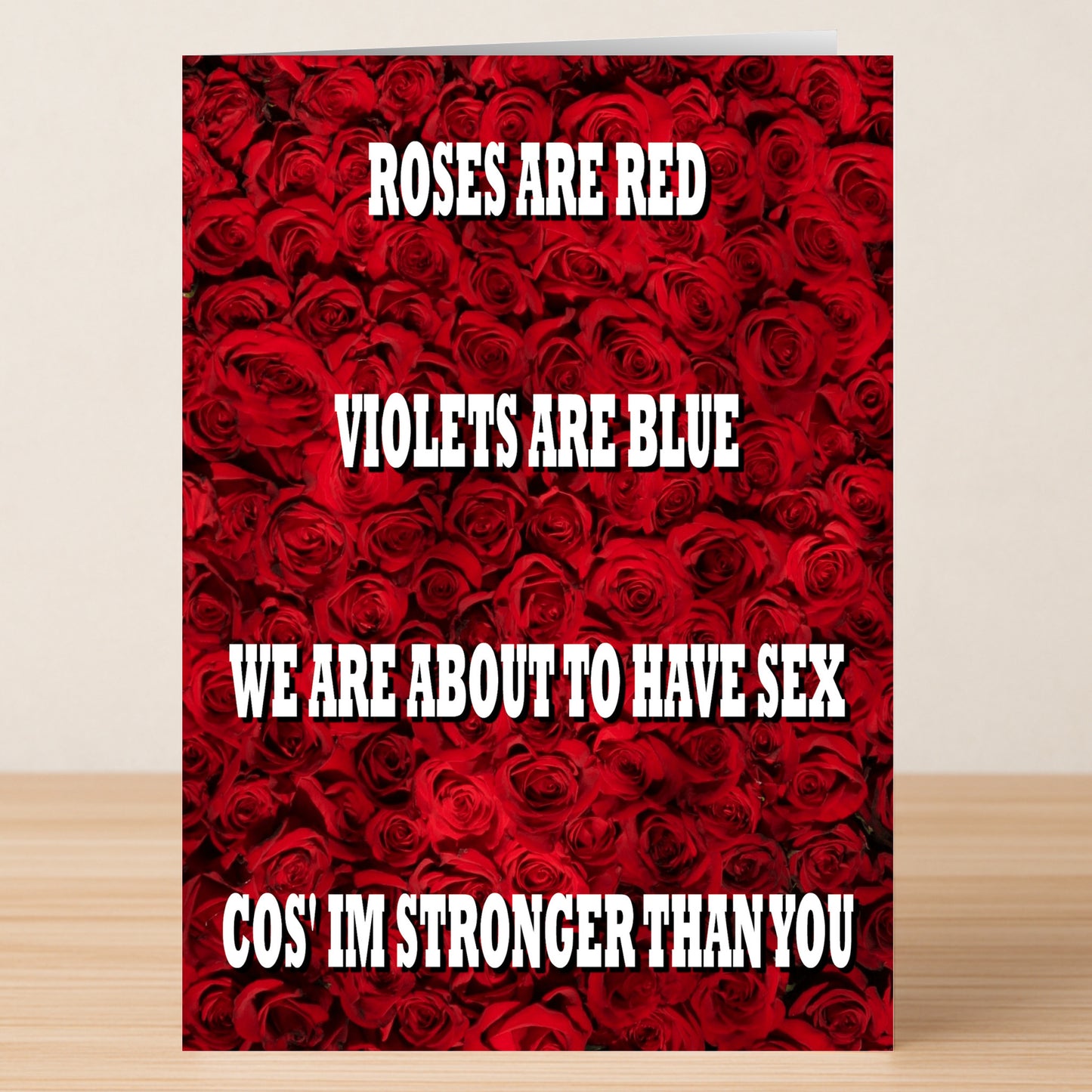 The Stronger Rude Valentine's Card by Twisted Gifts features red roses and a cheeky white poem about roses, violets, sex, and strength—a bold Valentine’s Day choice.