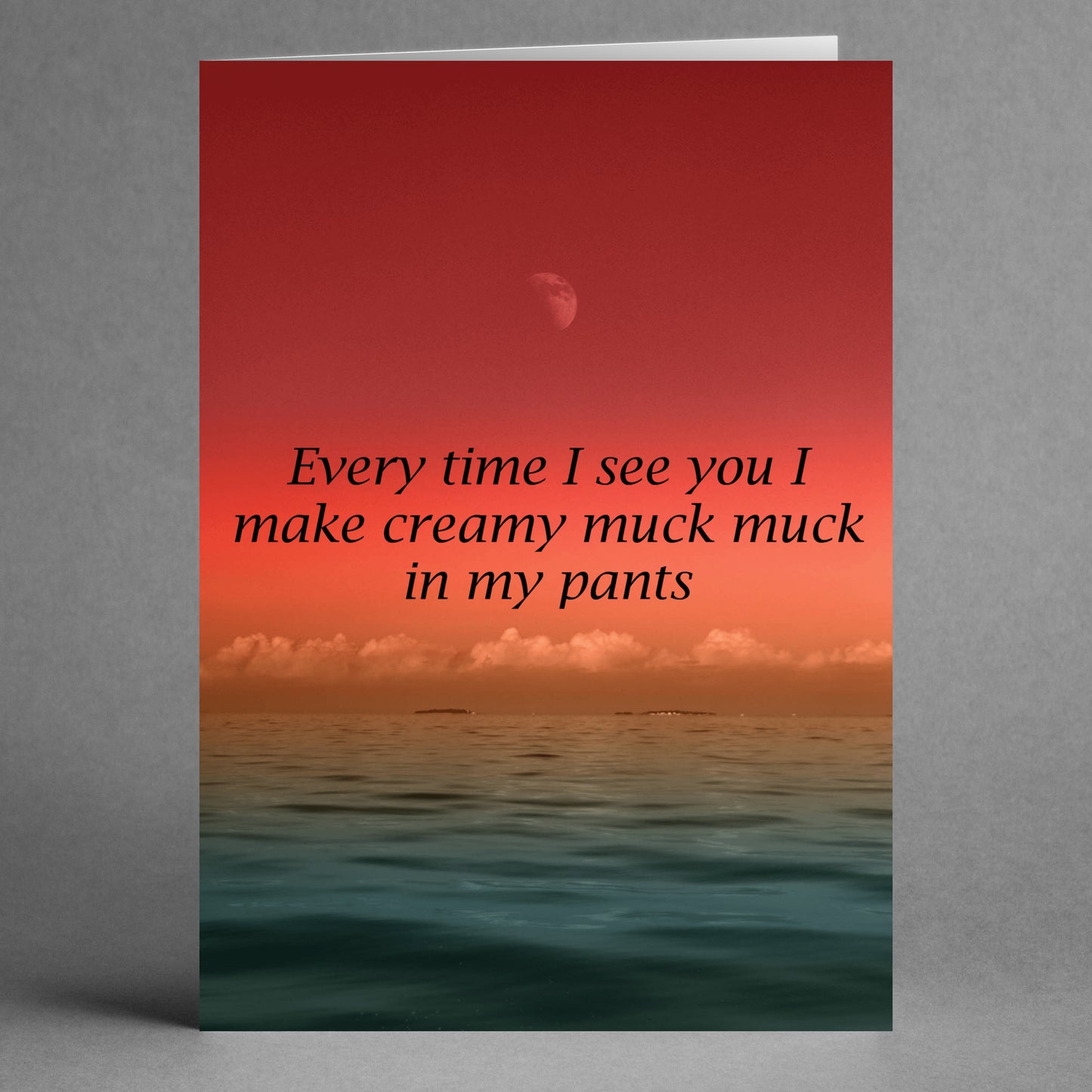 Introducing the "Every Time Rude Valentine's Card" by Twisted Gifts, featuring a humorous design with a sunset over the ocean and playful text about making "creamy muck muck" upon seeing someone. It's the ideal card for those who favor humor over traditional romantic messages on Valentine's Day.