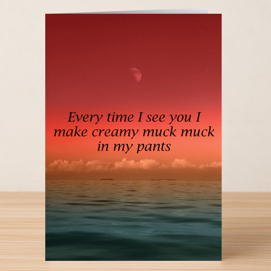 The Every Time Rude Valentine's Card by Twisted Gifts features a red sky, ocean scene, and the cheeky message "Every time I see you I make creamy muck muck in my pants"—perfect for anyone with a wild sense of humor.