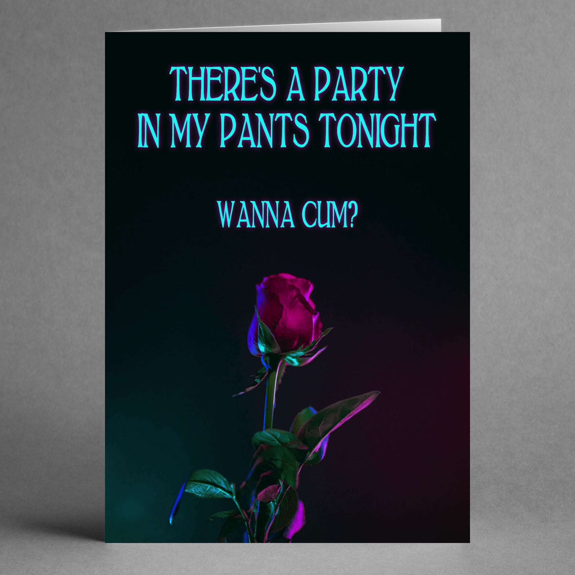 Introducing the Party Pants Rude Greeting Card by Twisted Gifts, featuring a cheeky sense of humor: "There's a party in my pants tonight. Wanna cum?" A single red rose with dark foliage below adds a touch of flair to this hilarious message.