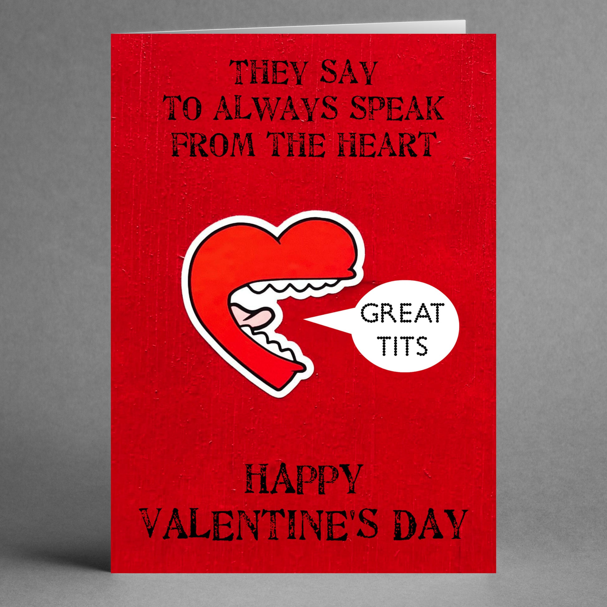 Here's a suggested rewrite using the product data:

The "Great Tits Rude Valentine's Card" by Twisted Gifts features a cartoon heart with the cheeky phrase "Great Tits" in a speech bubble. The humorous text reads: "They say to always speak from the heart. Happy Valentine's Day." Ideal for those who enjoy humor in their greeting cards.