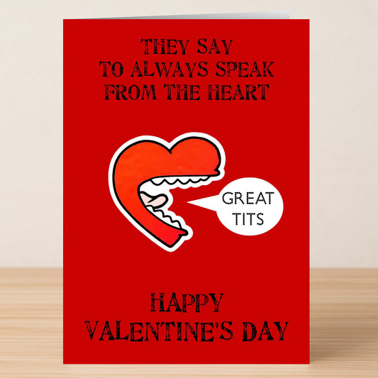 The Great Tits Rude Valentine's Card by Twisted Gifts is a cheeky red Valentine’s card with a cartoon heart and the message: "They say to always speak from the heart. Happy Valentine's Day." Perfect for anyone with a playful sense of humor.