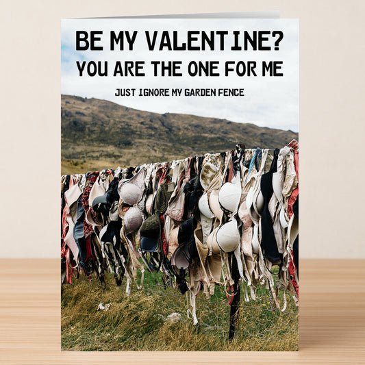 Twisted Gifts' Garden Fence Insulting Valentine's Card features "BE MY VALENTINE? YOU ARE THE ONE FOR ME. JUST IGNORE MY GARDEN FENCE" over bras on a wire fence—perfect for fans of cheeky humor and playful insults!.