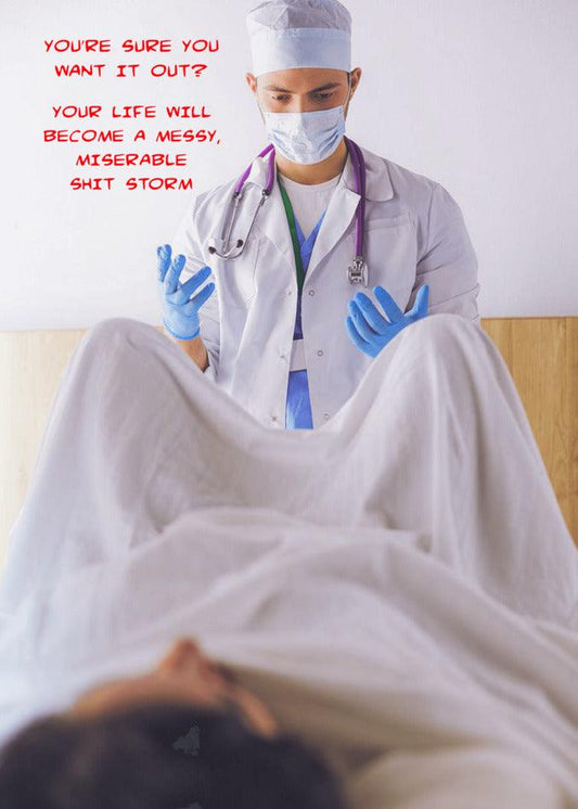 A doctor is laying on a bed with a patient, creating a messy and twisted scene in this "Are You Sure" Funny Mother's Day card by Twisted Gifts.