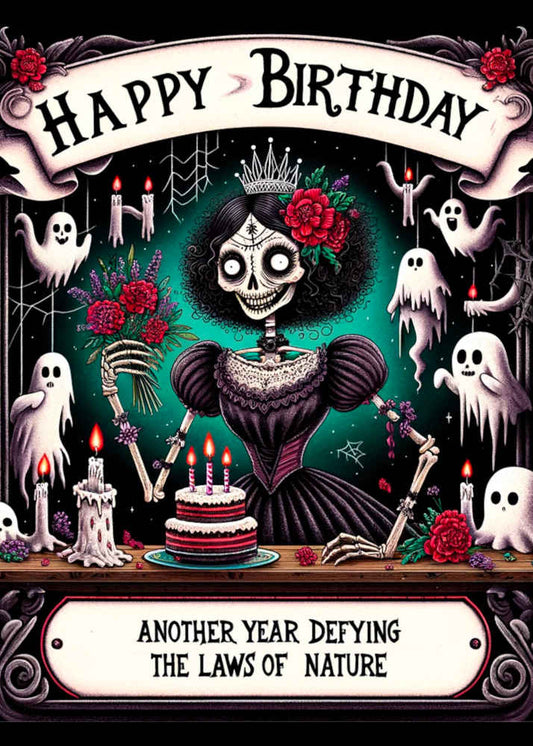 An illustrated birthday card with a unique design features a skeleton in a dress, accompanied by ghosts, a cake, and a humorous message about the Defying Nature Her Funny Birthday Card from Twisted Gifts.