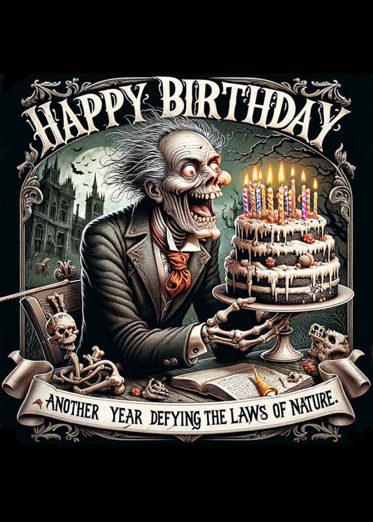 Gothic-style "happy birthday" card featuring a caricature of a man presenting a birthday cake with candles, a skull, and the humorous message "another year Defying Nature Him." - Twisted Gifts Funny Birthday Card