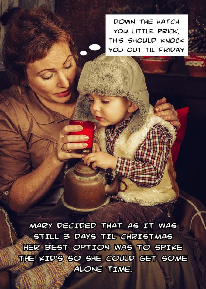 A woman holding a child, capturing a Twisted Gifts Down The Hatch Funny Christmas Card moment.