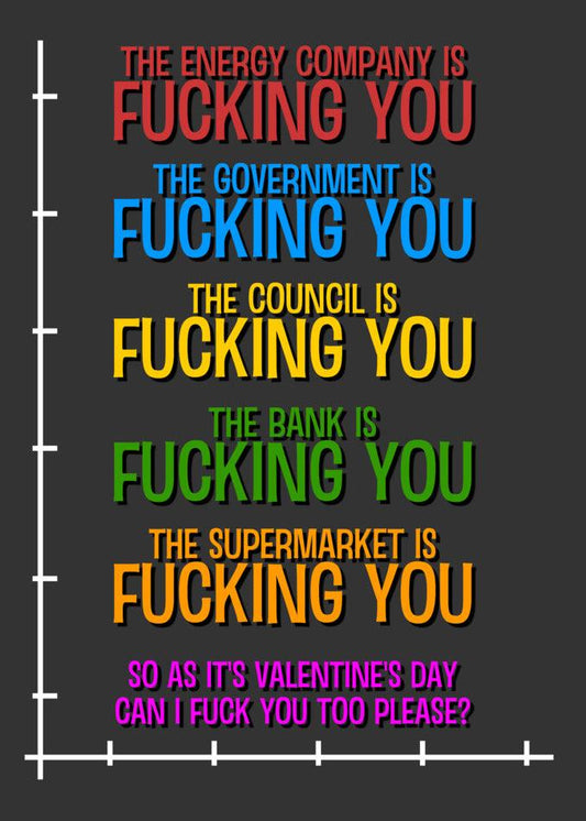 Twisted Gifts presents the "Energy Company Funny Valentine's Card" that hilariously reveals how the energy company and government are both 'fucking you'.