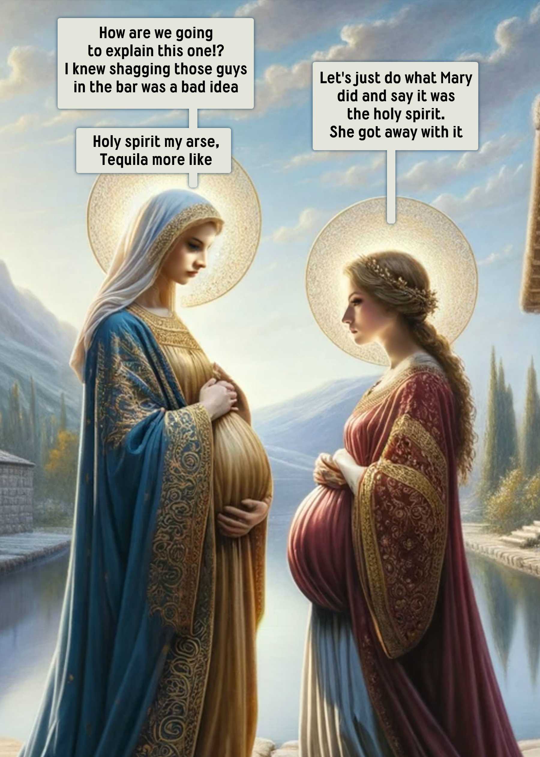 Two halo-wearing, visibly pregnant women face each other, each with a speech bubble filled with humorous remarks about their pregnancies. This is the perfect Holy Spirit Funny Christmas Card from Twisted Gifts to spread laughter and joy during the holiday season.