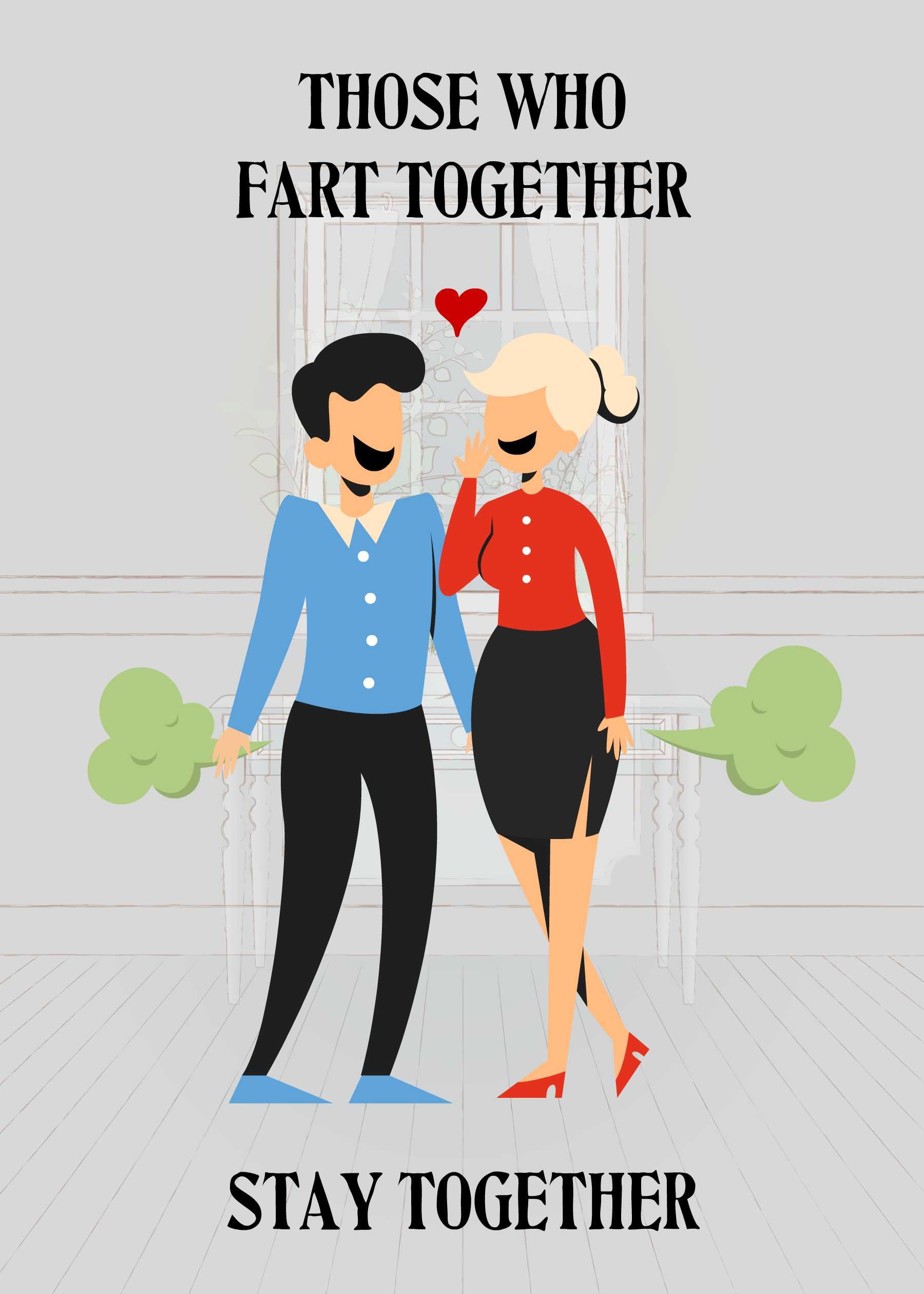 A cartoon couple laughs with green clouds in the background. The card says, "Those who fart together stay together." Twisted Gifts' Fart Together Funny Valentines Card ensures shared giggles and smiles.