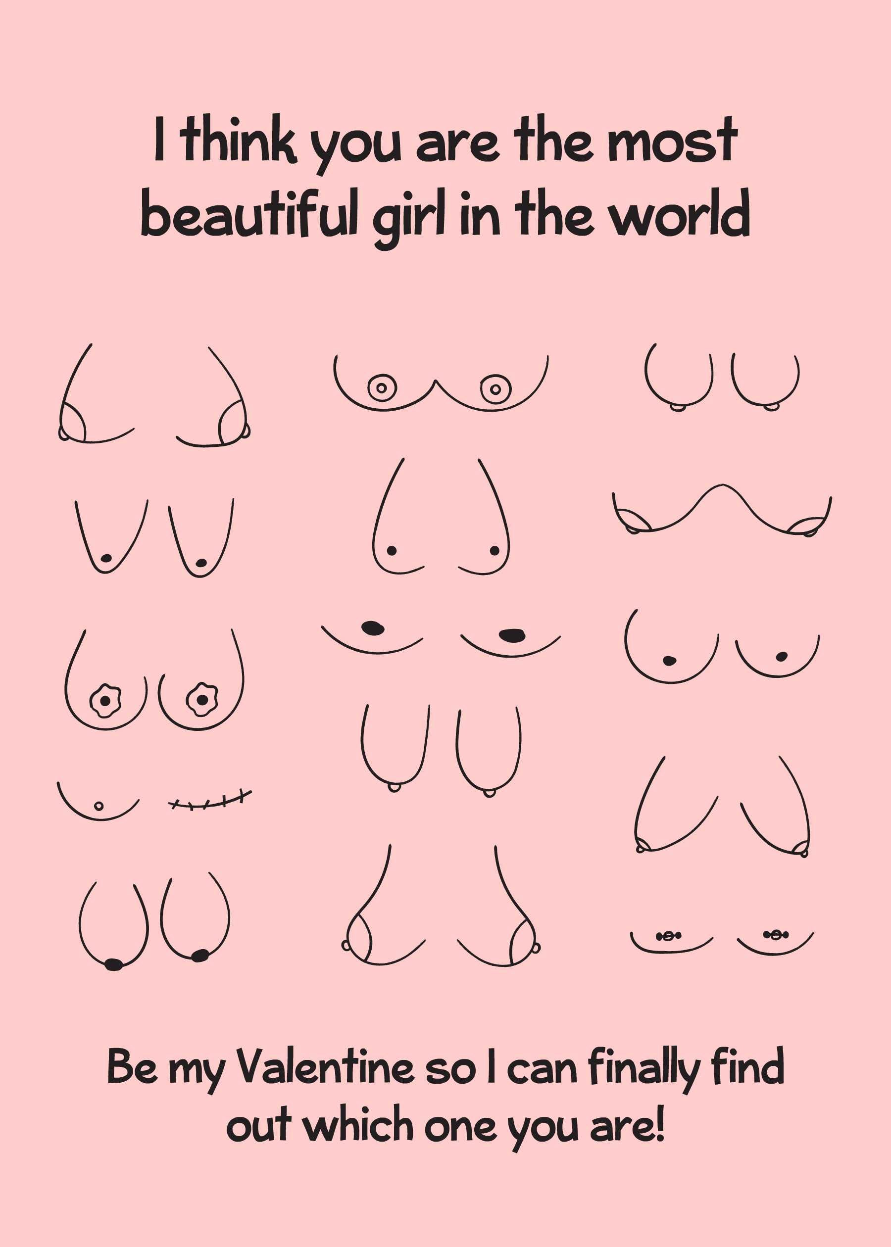 The Find Out Rude Valentines Card by Twisted Gifts features minimalist line drawings of various breasts with the text "I think you are the most beautiful girl in the world" at the top and "Be my Valentine so I can finally find out which one you are!" at the bottom, adding a cheeky twist.