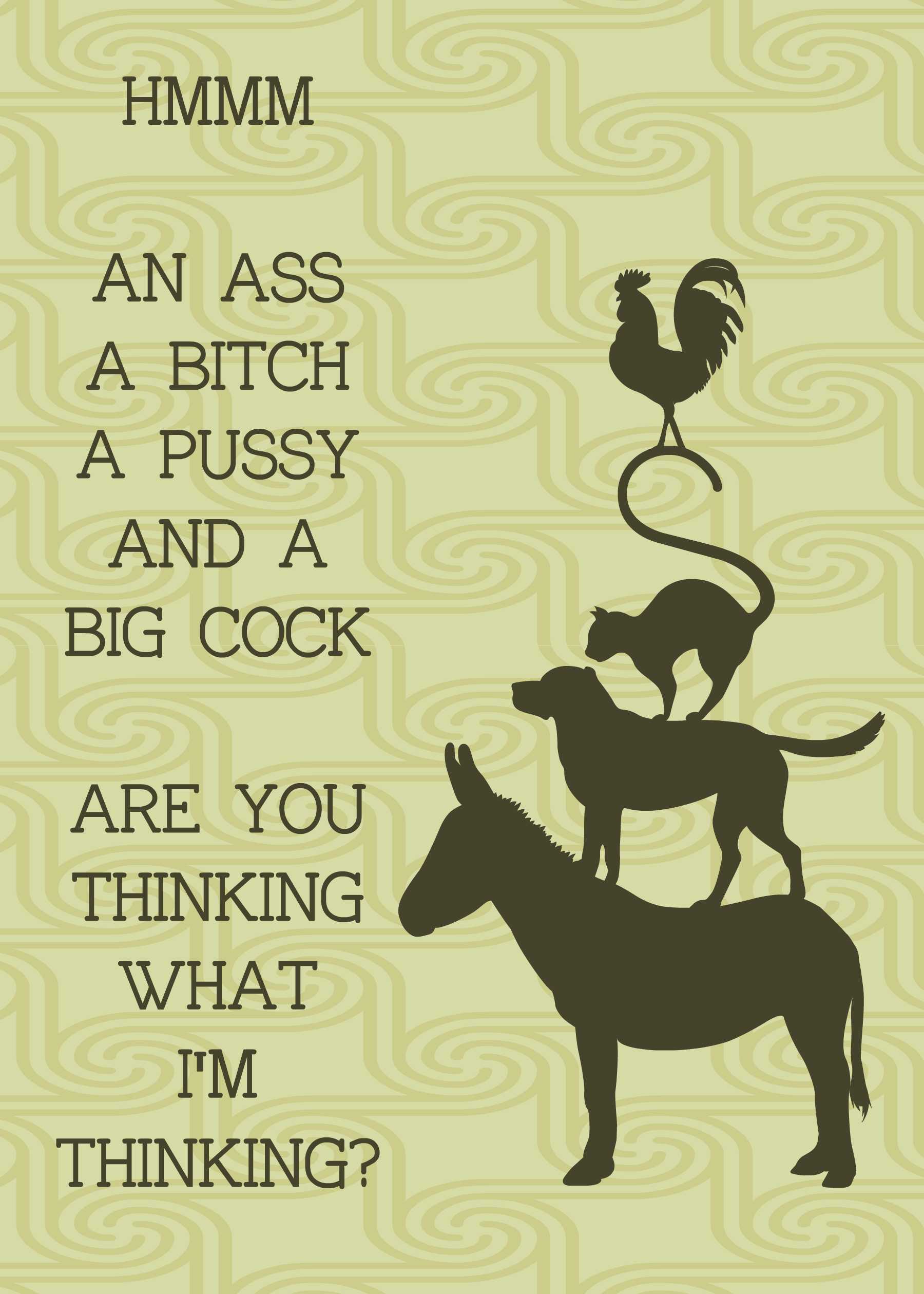 Twisted Gifts' Hmmm Rude Valentines Card features a quirky design of an ass, dog, cat, and rooster stacked with a humorous message.