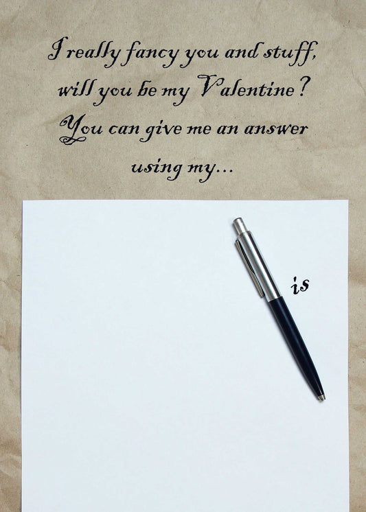 The humorous Pen Is Rude Valentines Card by Twisted Gifts displays a handwritten note asking, "Will you be my Valentine? You can give me an answer using my..." with a playful blank space and a pen below.