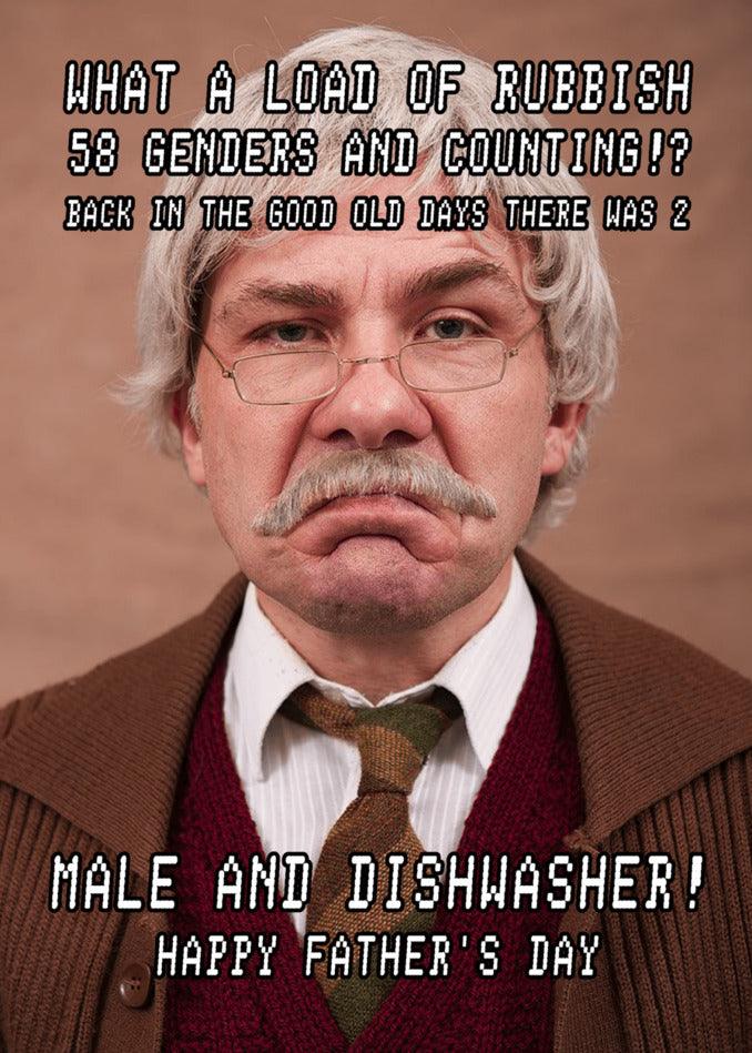 A man with a mustache on a Twisted Gifts Genders Funny Father's Day Card.