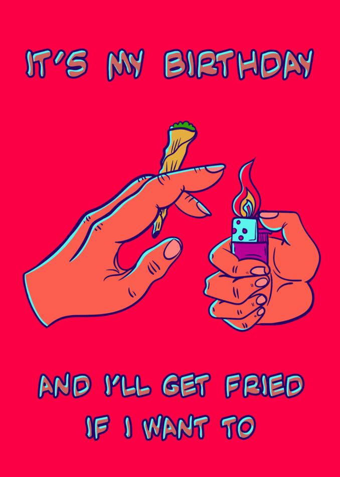 A hand holding a lighter and a cigarette, providing twisted amusement as an unexpected and funny birthday card from Twisted Gifts. Introducing the "Get Fried Funny Birthday Card" by Twisted Gifts.