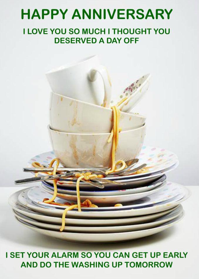A Get Up Early Funny Anniversary Card from Twisted Gifts with a plate of dishes.