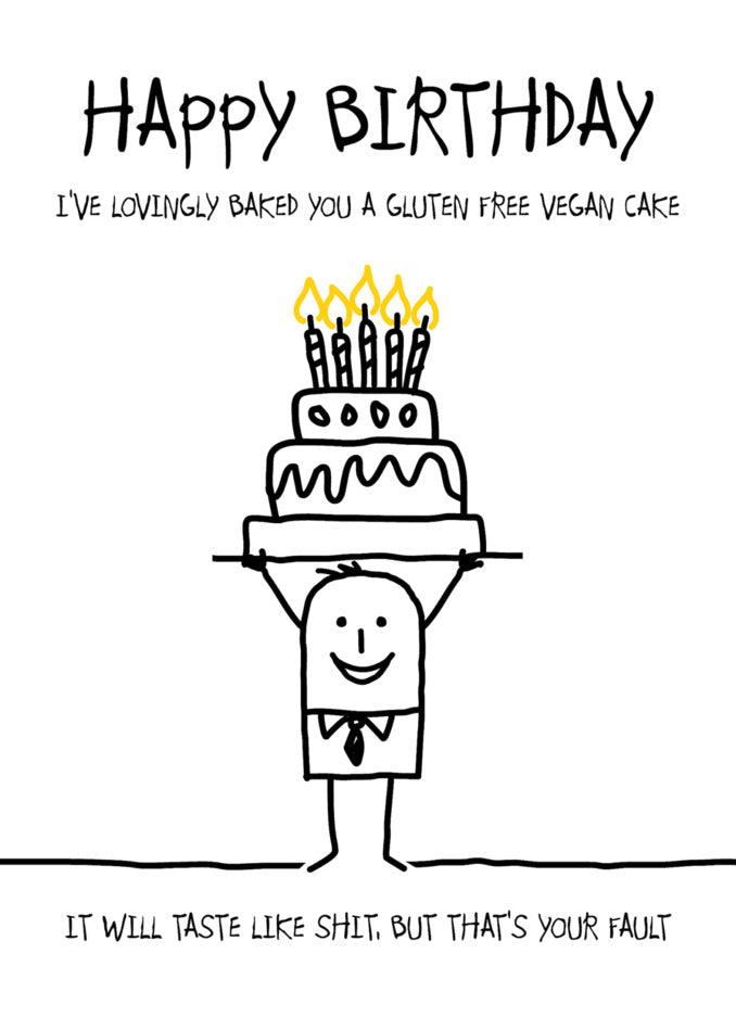 A Twisted Gifts GFV Cake Insulting Birthday Card featuring a man with a gluten-free birthday cake.