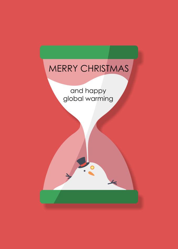 A Twisted Gifts Global Warming Funny Christmas Card featuring an hourglass with the words "Merry Christmas" amidst the alarming backdrop of global warming.
