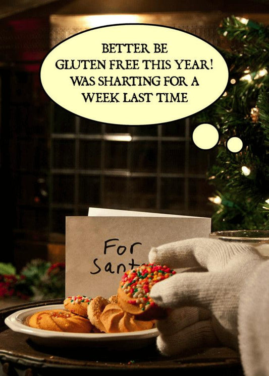 Santa Claus is holding a hilarious Twisted Gifts Gluten Free Funny Christmas Card with a note that says better be gluten free.