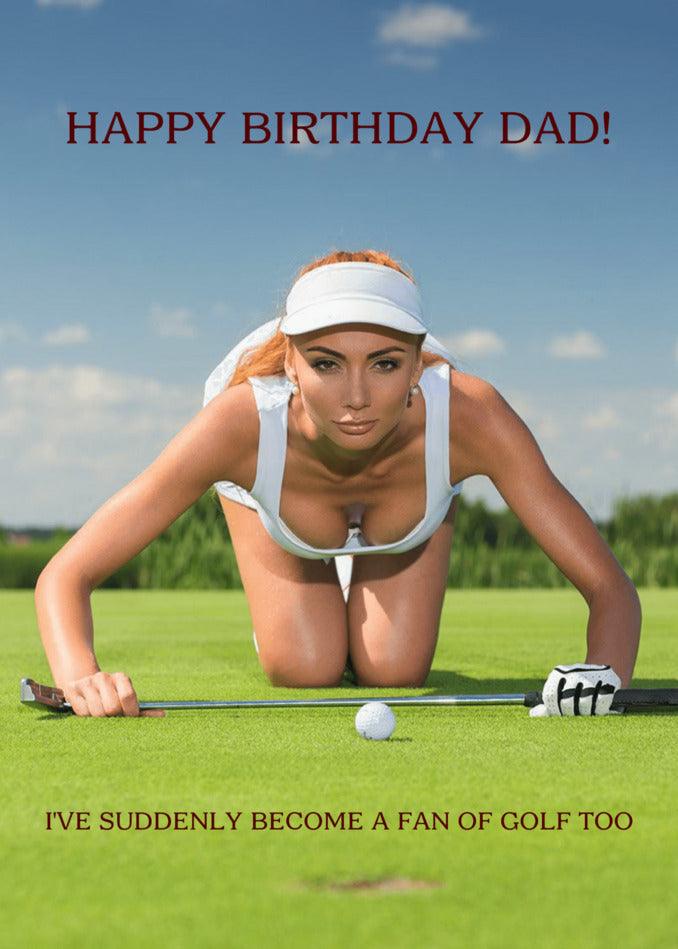 A woman laying on the ground with a Twisted Gifts Golf Fan Rude Birthday Card.