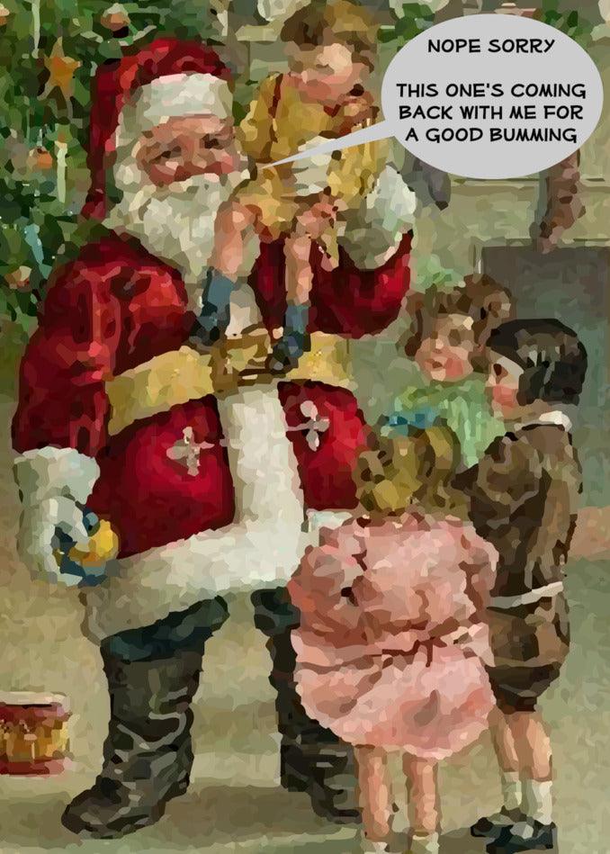 A dark Twisted Gifts Good Bumming Rude Christmas Card featuring a picture of Santa Claus with children around him.
