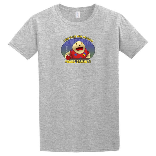 A gray Gorden The Gopher T-Shirt with an image of a cartoon character on it from Twisted Gifts.