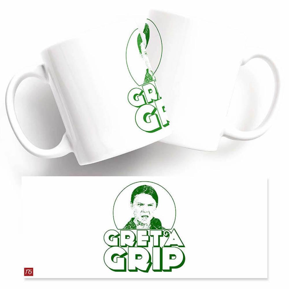 Two Greta Grip mugs with the word Greta Grip, a perfect funny gift for climate activists from Twisted Gifts.