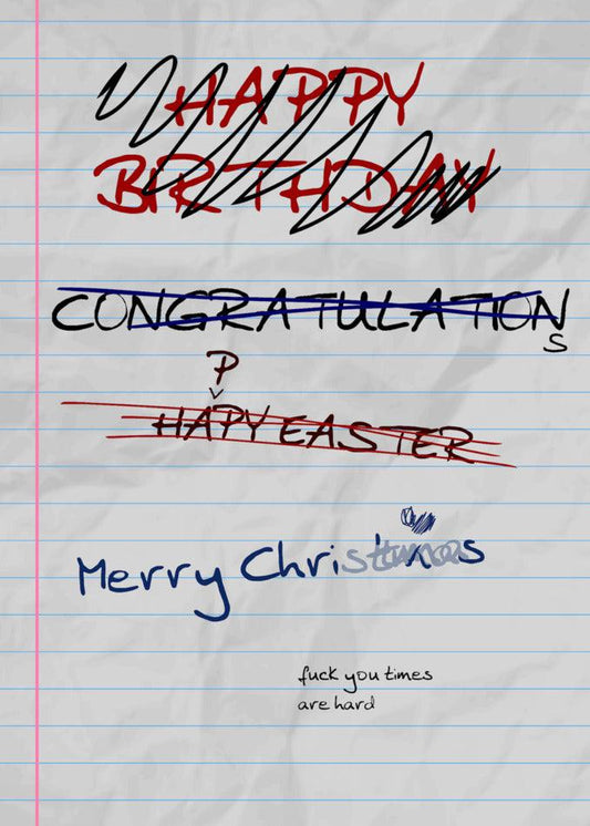 A Twisted Gifts Hard Times Xmas Funny Christmas Card featuring the words congratulations and happy Easter.