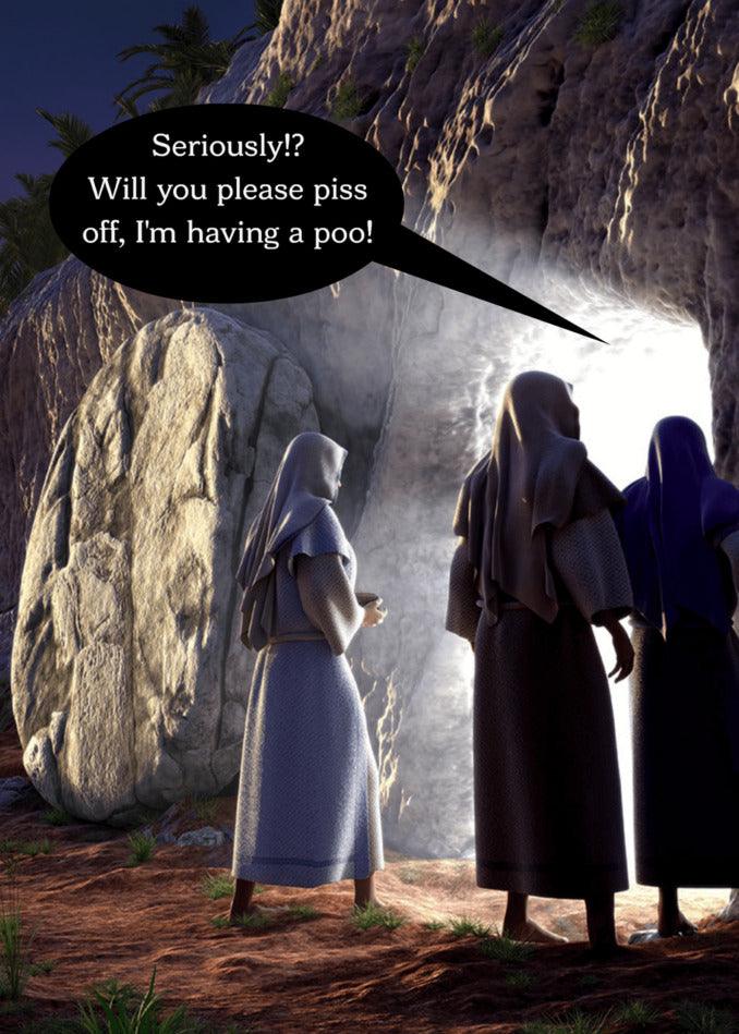 A group of people standing in front of a cave, featured on the Twisted Gifts Having A Poo Rude Easter Card.