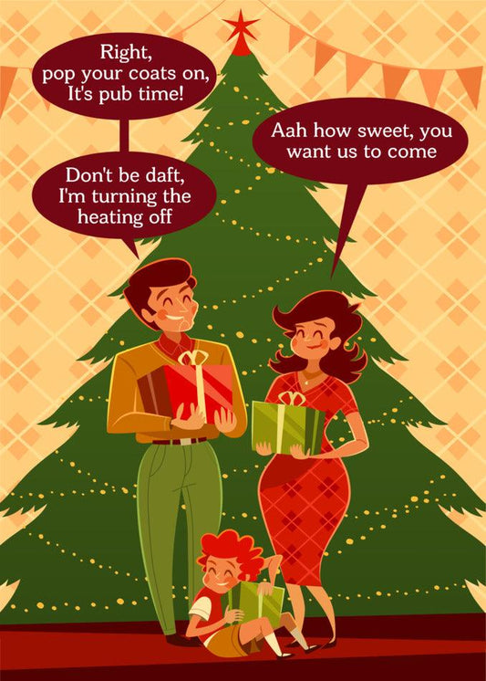 A Twisted Gifts Heating Off Funny Christmas Card with a family in front of a christmas tree.