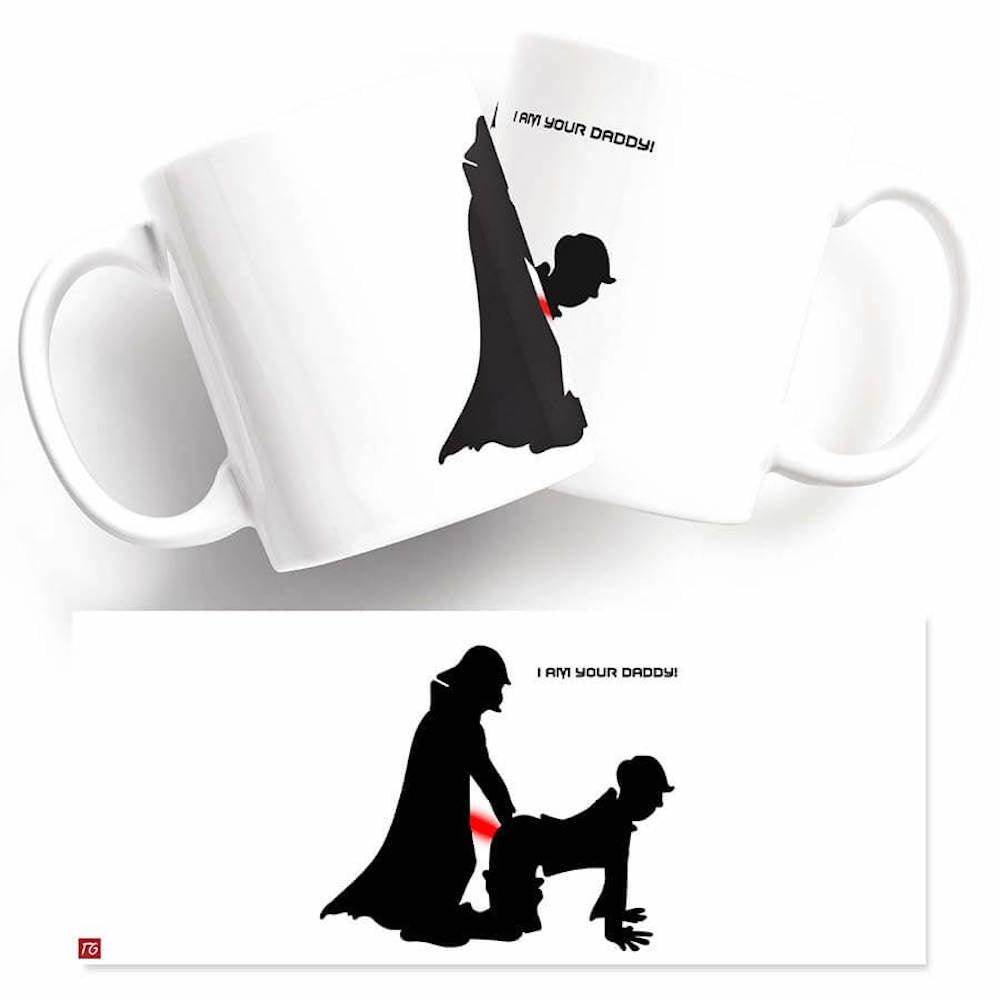 A unique and funny Twisted Gifts I Am Your Daddy Mug with a silhouette of a man and a woman.
