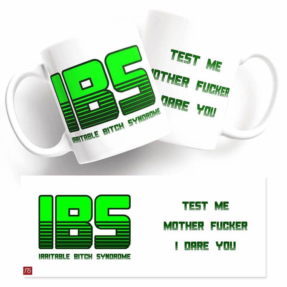 A twisted and funny IBS mug designed for those bold enough to take on the "ibs test" challenge. The vibrant green color adds a playful touch to this unique gift from Twisted Gifts.
