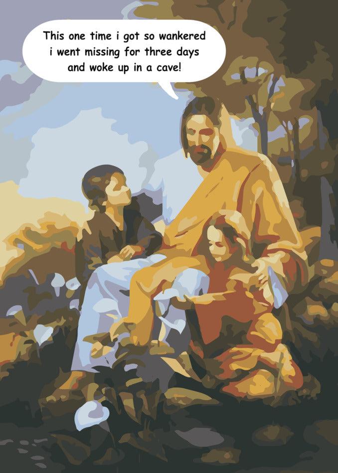 A picture of Jesus, the ultimate story teller, with two children captured in a In A Cave Funny Easter Card from Twisted Gifts.