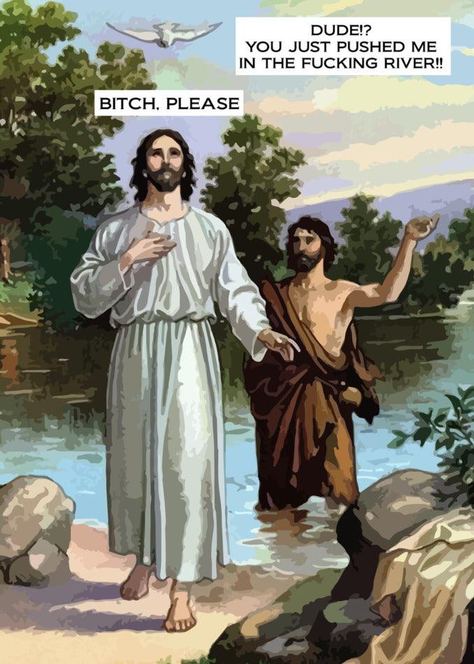 A classic scene depicting Jesus in the river, creating a hilariously In The River Funny Christmas Card by Twisted Gifts.