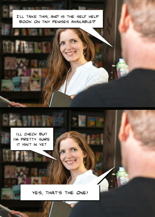 A In Yet Rude Greeting Card by Twisted Gifts with a woman talking to a man in a bookstore while browsing through self-help books.