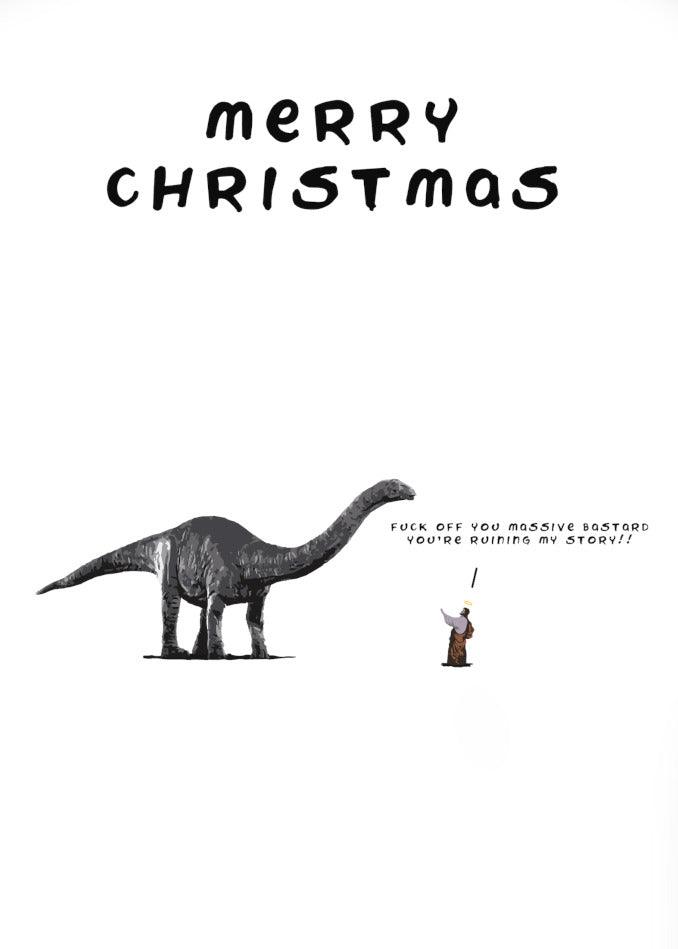 A Twisted Gifts Jesus Dino Funny Christmas Card featuring an image of a dinosaur, bringing laughter during the holiday season.