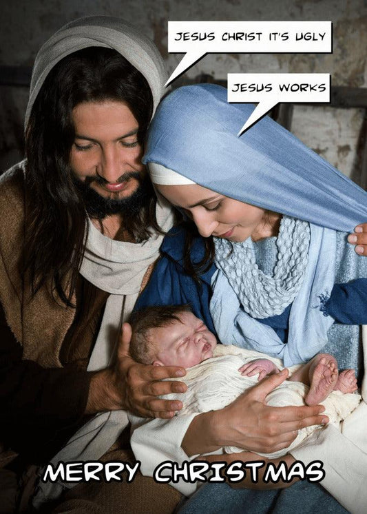 Merry Christmas with the Jesus Funny Christmas Card and a baby, featuring a heartwarming Xmas card by Twisted Gifts.