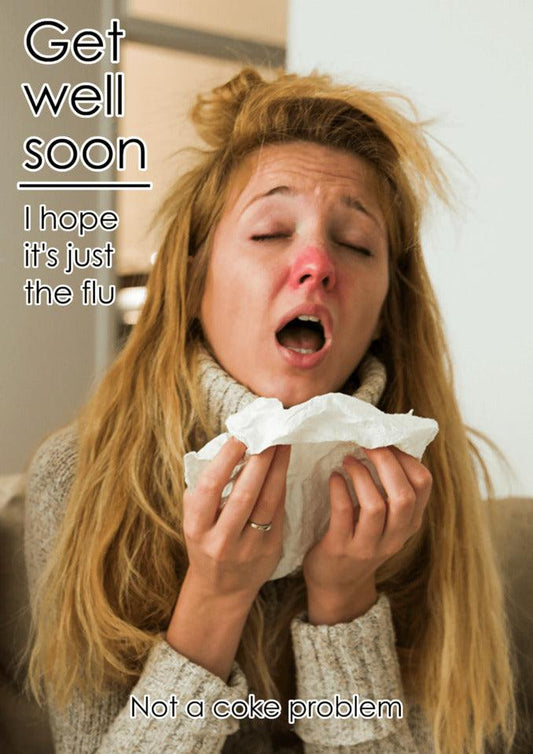 A woman blowing her nose with a tissue, conveying the message "Get Well Soon" using the Twisted Gifts Just The Flu Funny Get Well Soon Card.
