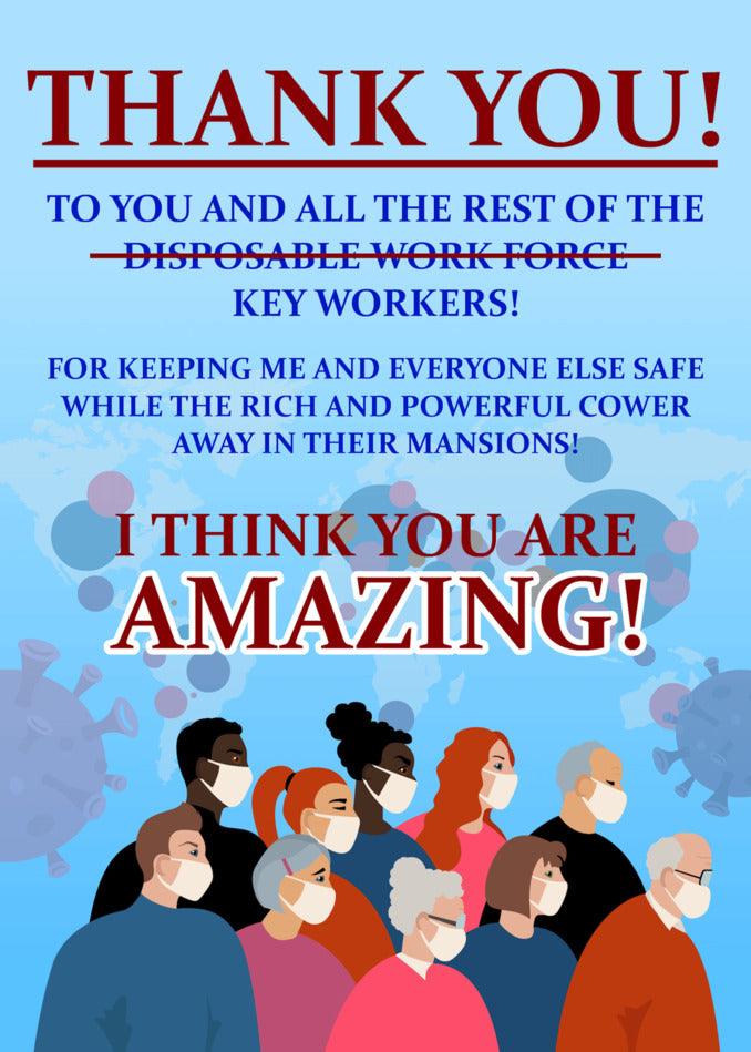 A heartfelt Key Workers Funny Thank You Card featuring key workers wearing masks created by Twisted Gifts.