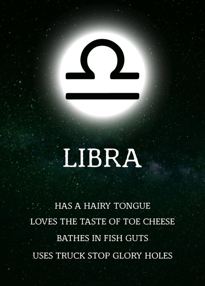 The funny Twisted Gifts Libra Rude Star Sign Card is shown in the night sky.
