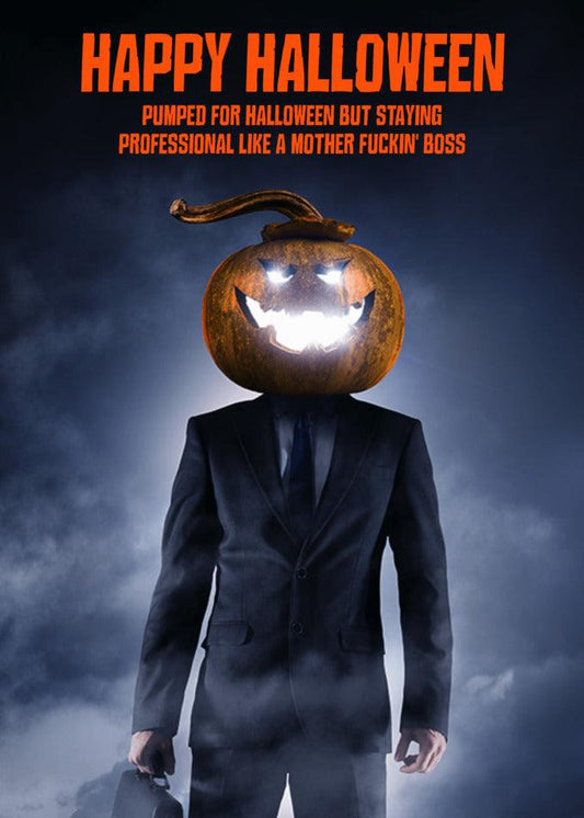 A professional Like A Boss Funny Halloween Card featuring a man in a suit by Twisted Gifts.