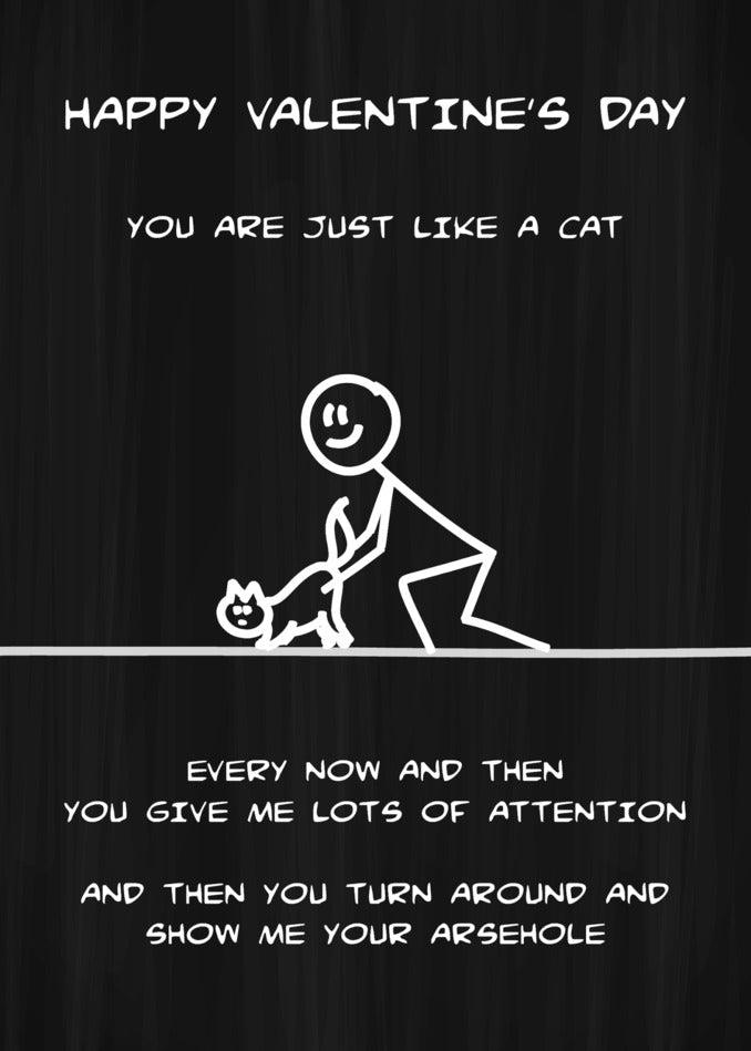 Twisted Gifts' Like A Cat Rude Valentine's Card: Happy twisted Valentine's Day, you are just like a cat.