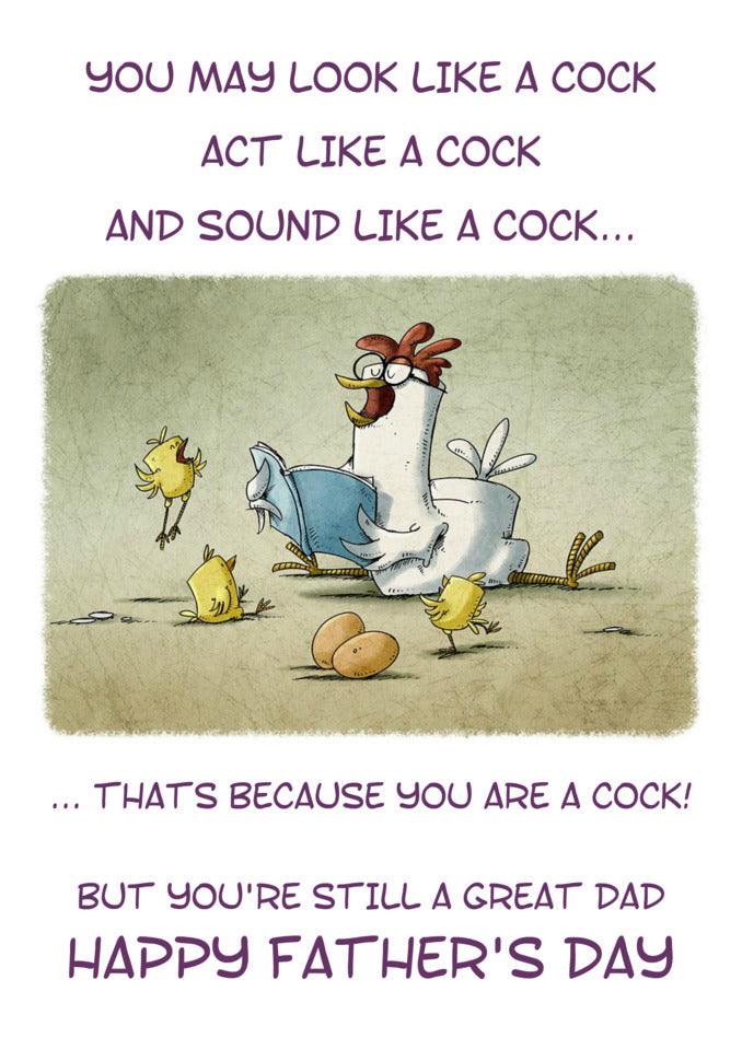 A hilarious Like A Cock Insulting Father's Day Card with a rooster and chickens, made by Twisted Gifts.