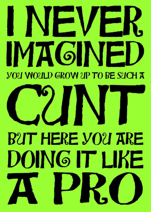 Introducing the Like A Pro Insulting Greeting Card from Twisted Gifts - never imagined you would grow up to be a cunt, but here you are, owning it like a pro. Perfect for those who appreciate rude yet twisted humor.