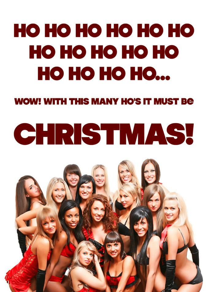 A group of sexy women posing for a Many Ho's Funny Christmas Card by Twisted Gifts.