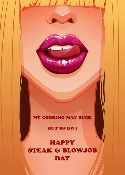 A funny depiction of a woman's face with blond hair, the May Suck Rude Steak And Blowjob Card by Twisted Gifts.